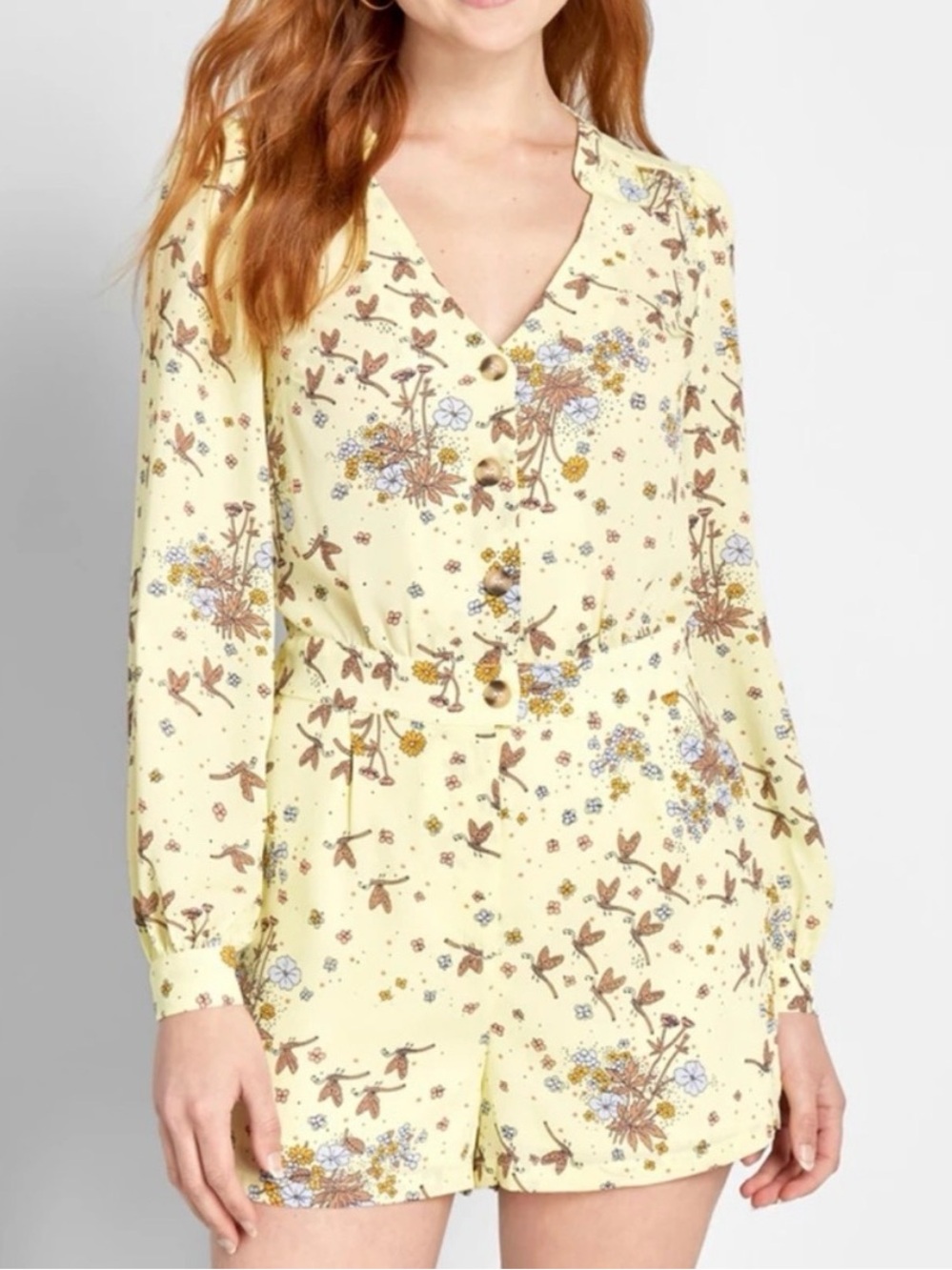 NWT Modcloth Dragonfly Floral Romper Time to Suit Up Long Sleeves Yellow Medium